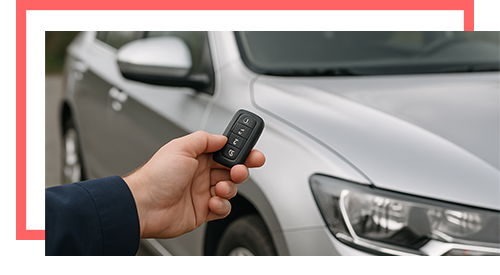 Hand holding car remote key near silver vehicle