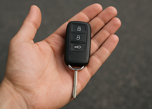 Close-up of a person holding a spare car key in their hand