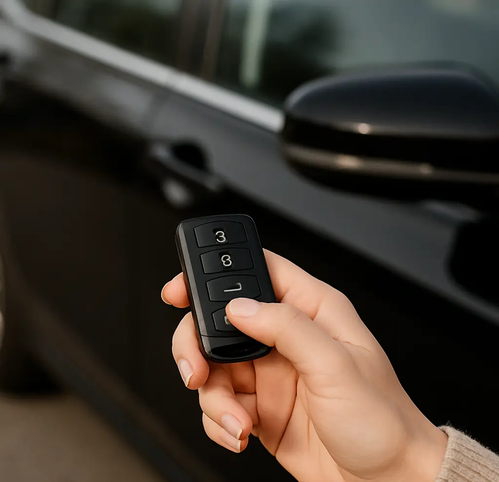 Woman’s hand pressing car remote to lock black vehicle door