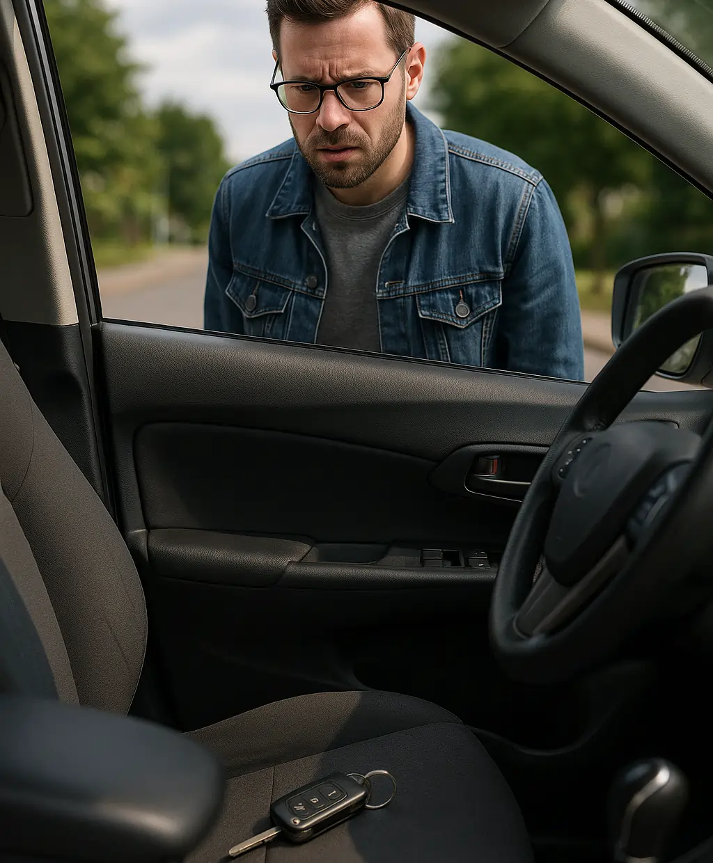 Man locked out of car looking at keys left on driver seat