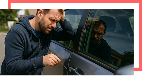Frustrated man locked out of his gray car during daytime in suburban neighborhood