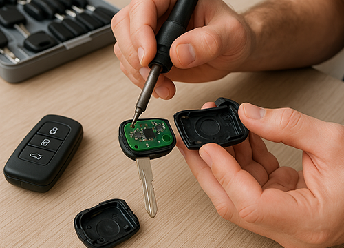 Hands repairing transponder car key with soldering tool on wooden table