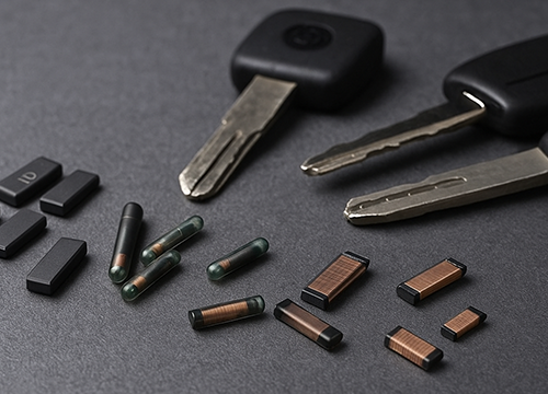 Car keys and RFID chips on dark background