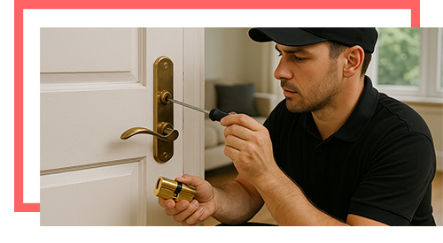 Locksmith in black uniform fixing home door lock