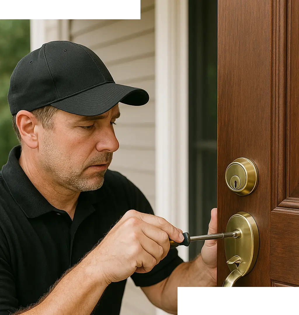 Technician in black uniform installing door lock
