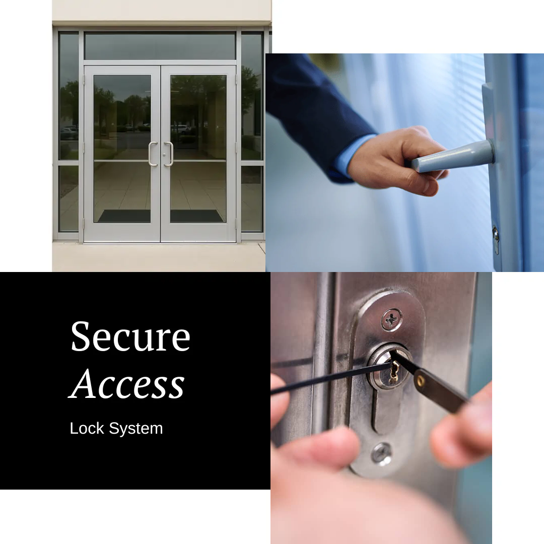 Commercial door lock system with secure handles and entry access.