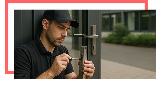 Commercial locksmith installing glass door lock