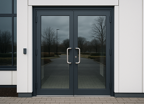 glass office door with metal frame and access panel