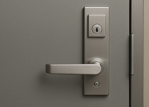 Technician fixing a commercial door lock in a Dunwoody business