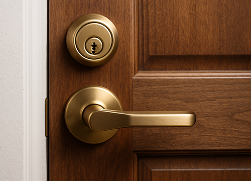 Residential door lock with brass handle and deadbolt on wooden door