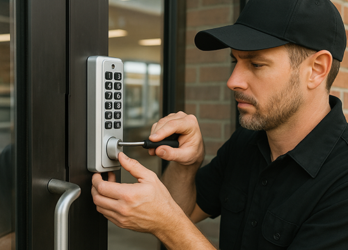 Locksmith installing new storefront lock for business in Lithia Springs GA