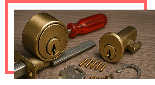 Brass lock and key with rekeying tools