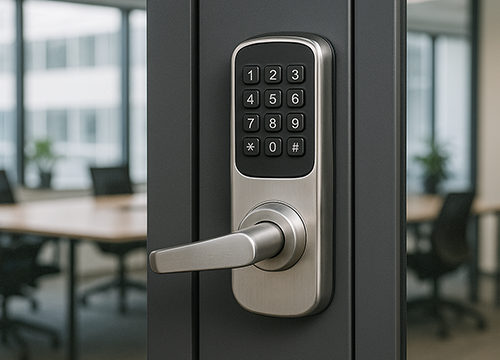 Commercial locksmith installing keypad access system in Stockbridge GA office