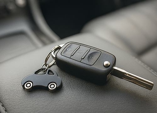 Car key and black car-shaped keychain resting on leather car seat
